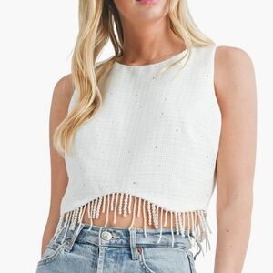 NWT ✨ Nordstrom ‘All in Favor’ White Sequin Pearl Fringe Tweed Crop Top